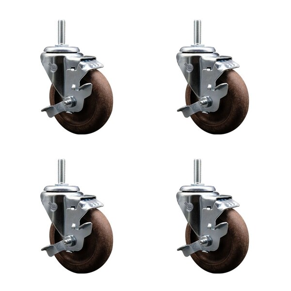Service Caster 4 Inch High Temp Glass Filled Nylon 58 Inch Threaded Stem Caster Set with Brake SCC-TS20S414-GFNSHT-TLB-58212-4 - main